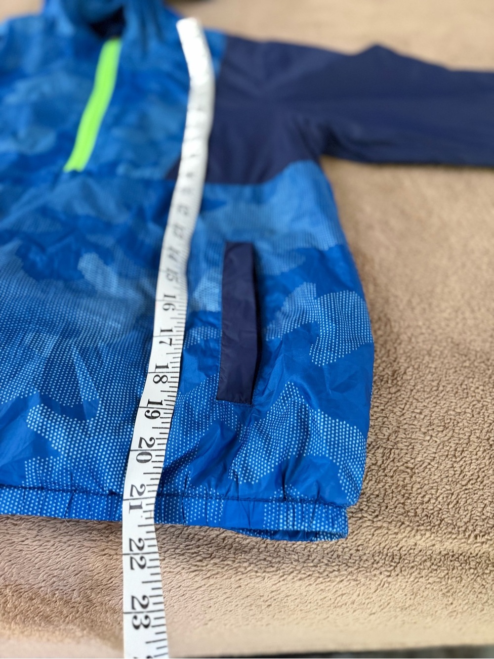 Lands' End Boys' Blue Camo Hooded Rain Jacket with Neon Green Zip